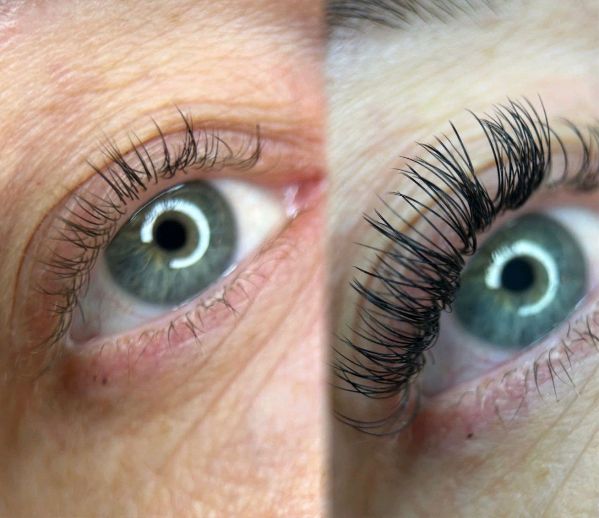 Auge vor und nach der Wimpernbehandlung im Vergleich